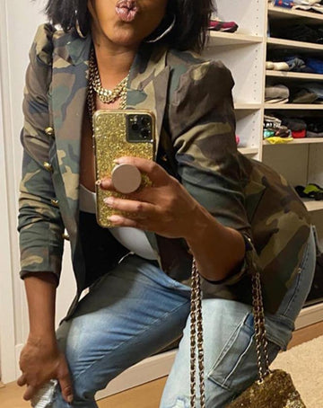 Yipinpay woman blazer 2023 Elegant Camouflage Print Puff Sleeve Double Breasted Blazer jackets coat fall outfits women